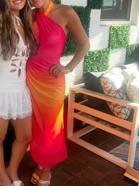 Vibrant Ombre Pink to Orange Maxi Dress